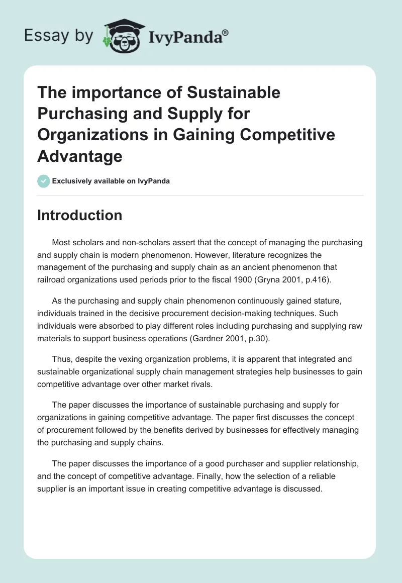 The importance of Sustainable Purchasing and Supply for Organizations in Gaining Competitive Advantage. Page 1