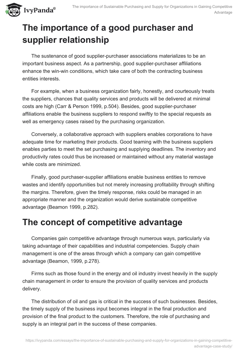 The importance of Sustainable Purchasing and Supply for Organizations in Gaining Competitive Advantage. Page 4