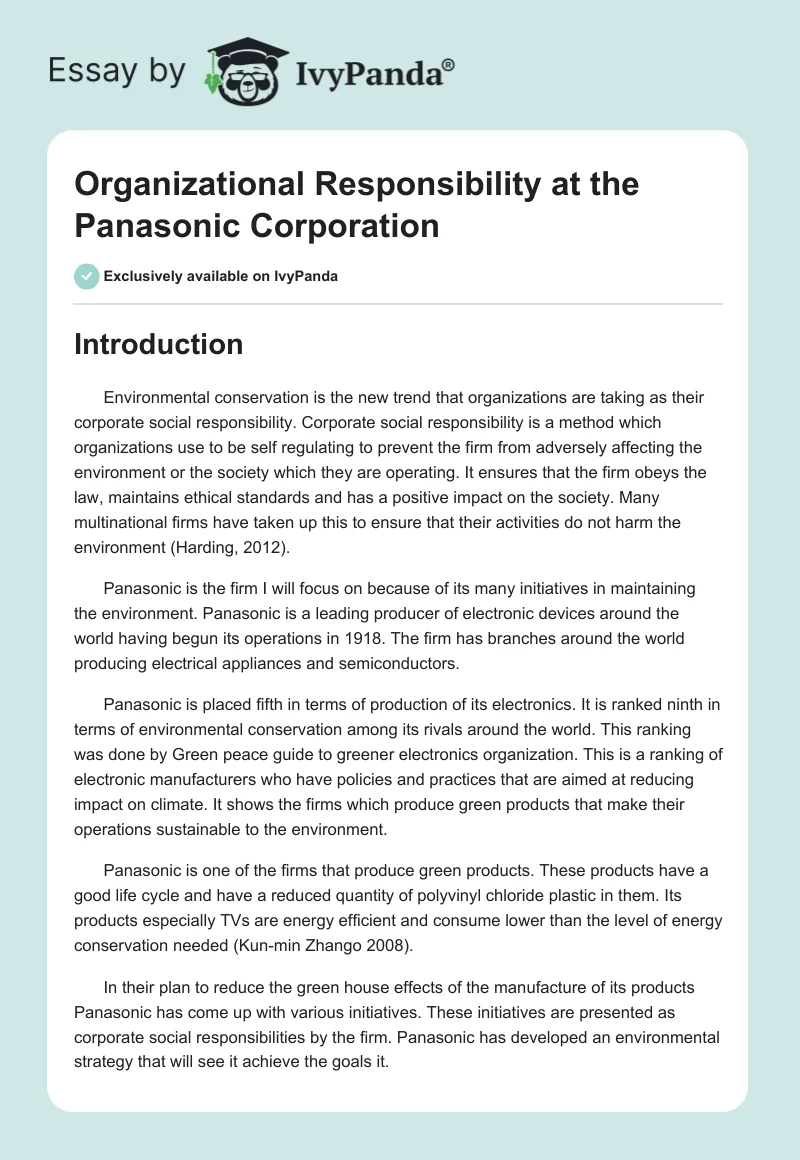 Organizational Responsibility at the Panasonic Corporation. Page 1