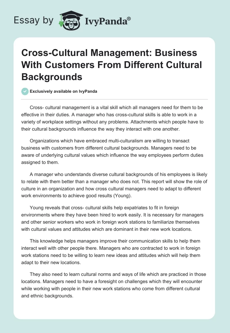 Cross-Cultural Management: Business With Customers From Different Cultural Backgrounds. Page 1