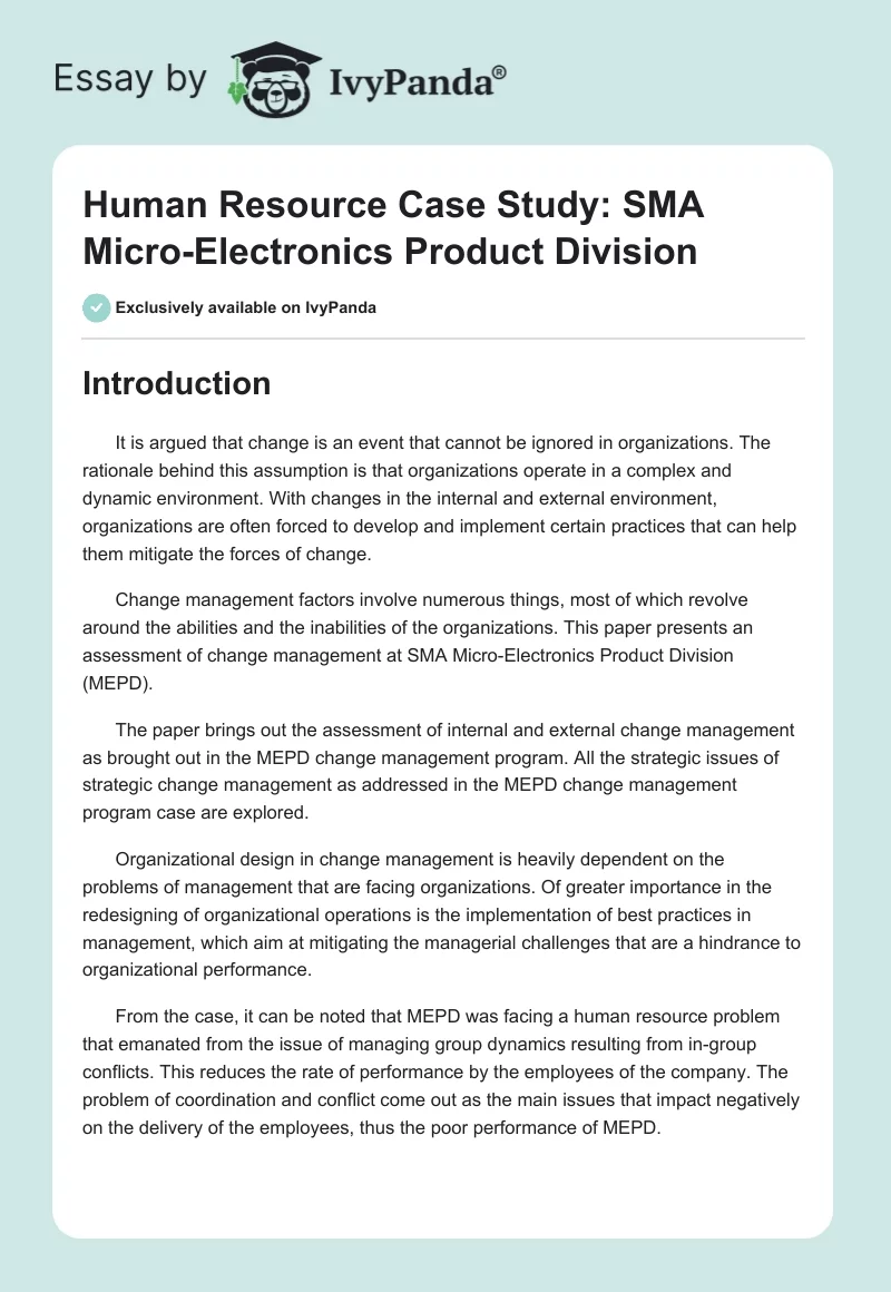 Human Resource Case Study: SMA Micro-Electronics Product Division. Page 1