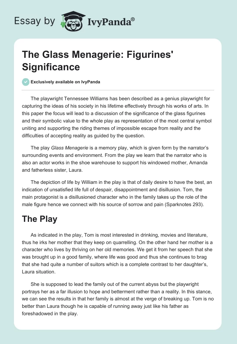 The Glass Menagerie: Figurines' Significance. Page 1