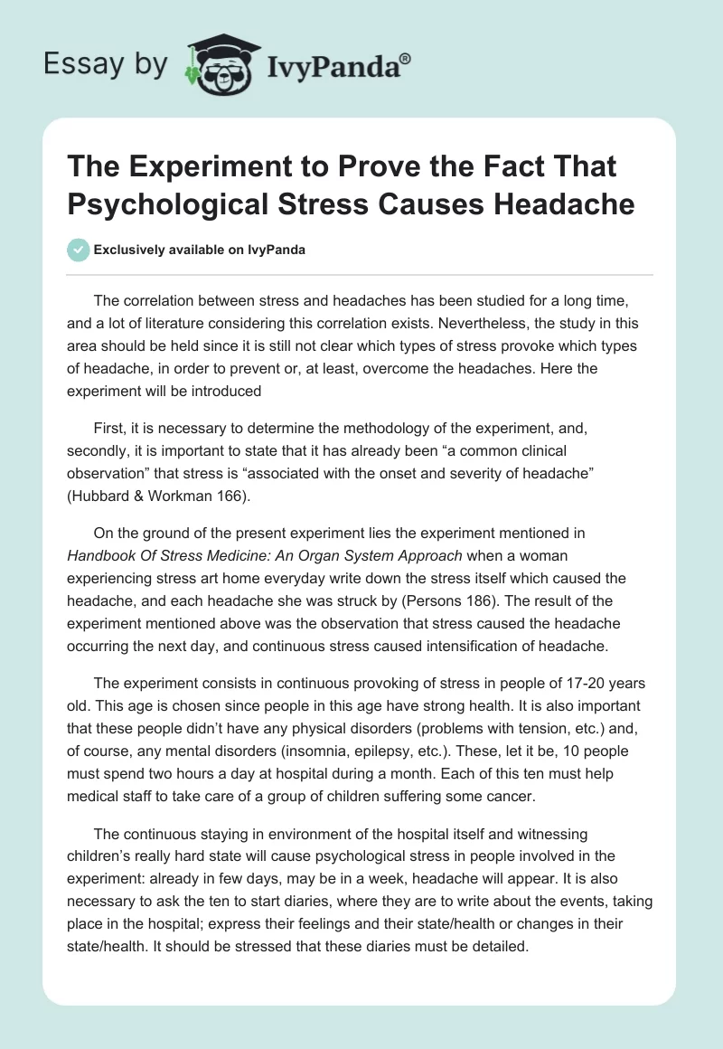 The Experiment to Prove the Fact That Psychological Stress Causes Headache. Page 1