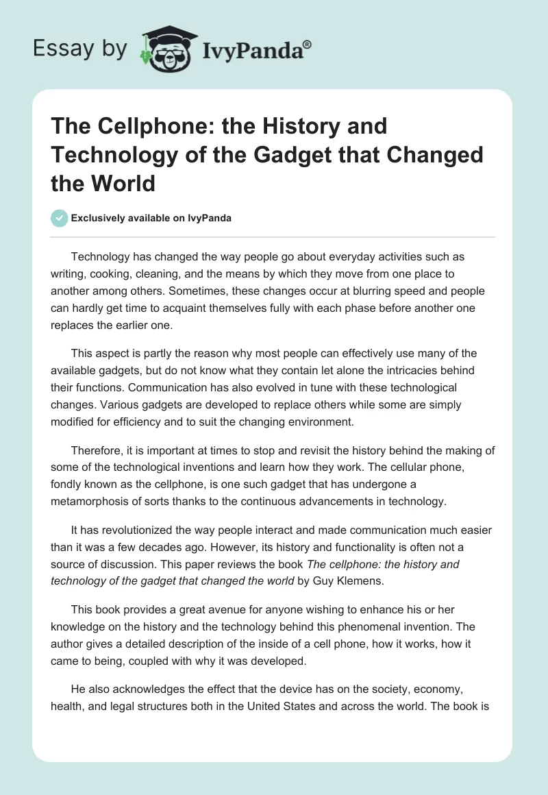 The Cellphone: The History and Technology of the Gadget that Changed the World. Page 1