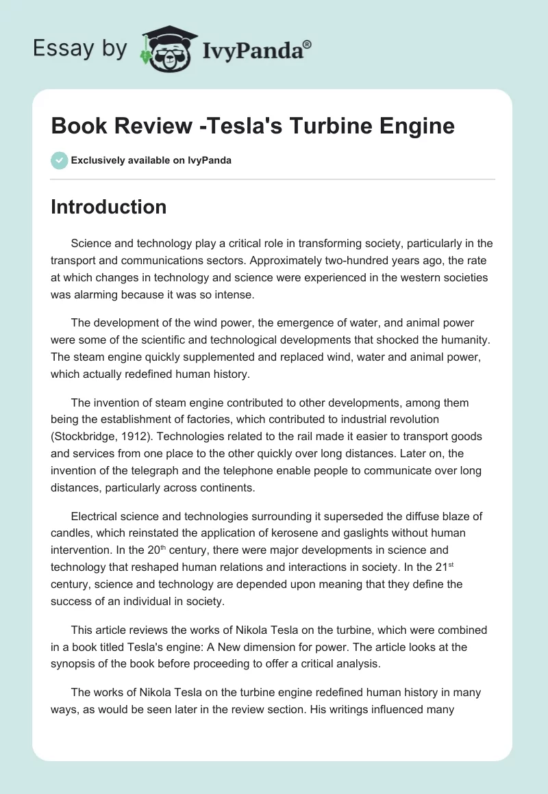 Book Review - Tesla's Turbine Engine. Page 1