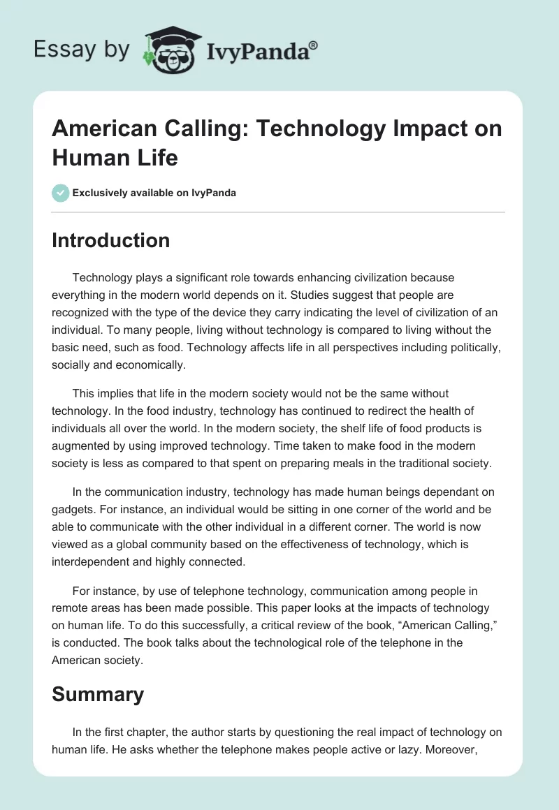 American Calling: Technology Impact on Human Life. Page 1