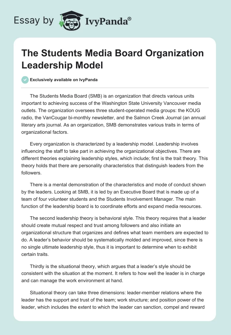 The Students Media Board Organization Leadership Model. Page 1