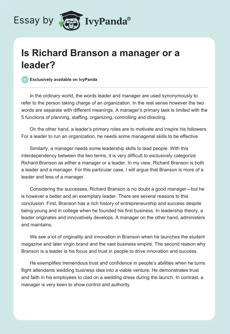 Is Richard Branson a manager or a leader?. Page 1