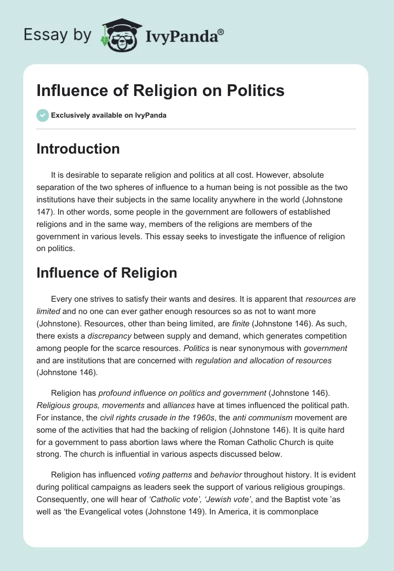 Influence of Religion on Politics. Page 1