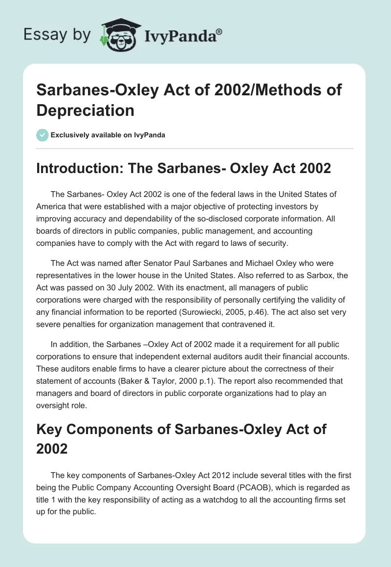 Sarbanes-Oxley Act of 2002/Methods of Depreciation. Page 1