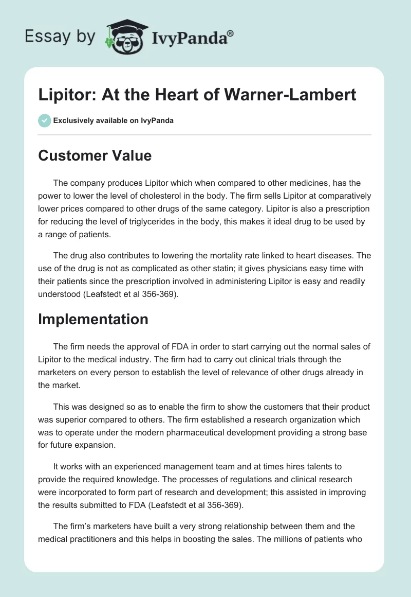 Lipitor: At the Heart of Warner-Lambert. Page 1