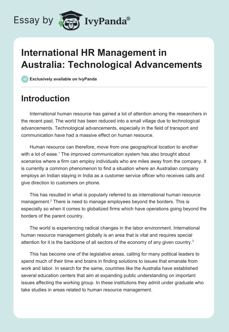 International HR Management in Australia: Technological Advancements. Page 1