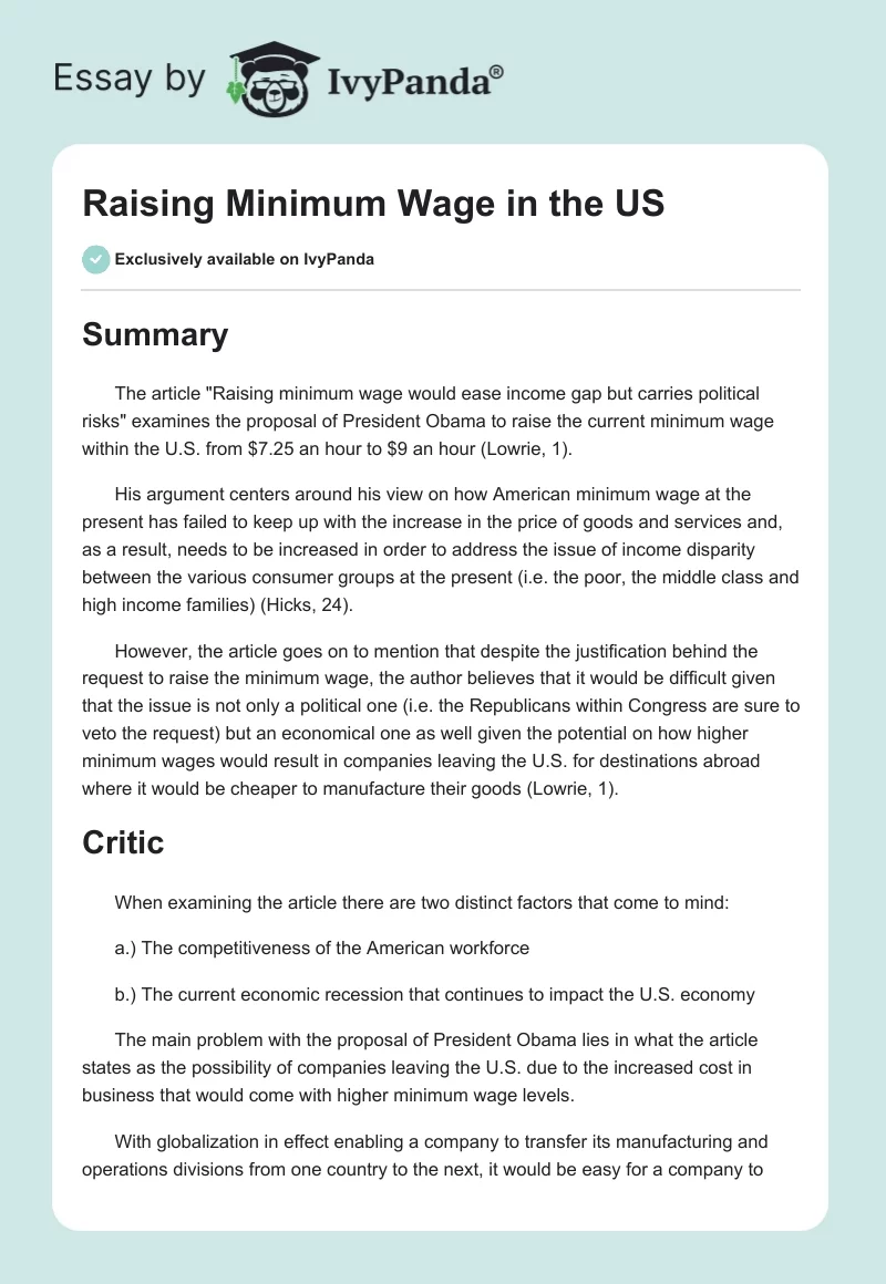 Raising Minimum Wage in the US. Page 1