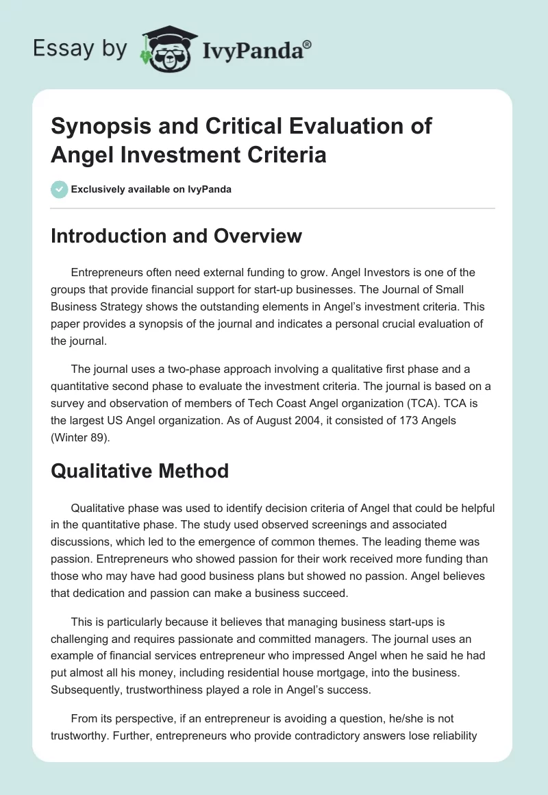 Synopsis and Critical Evaluation of Angel Investment Criteria. Page 1