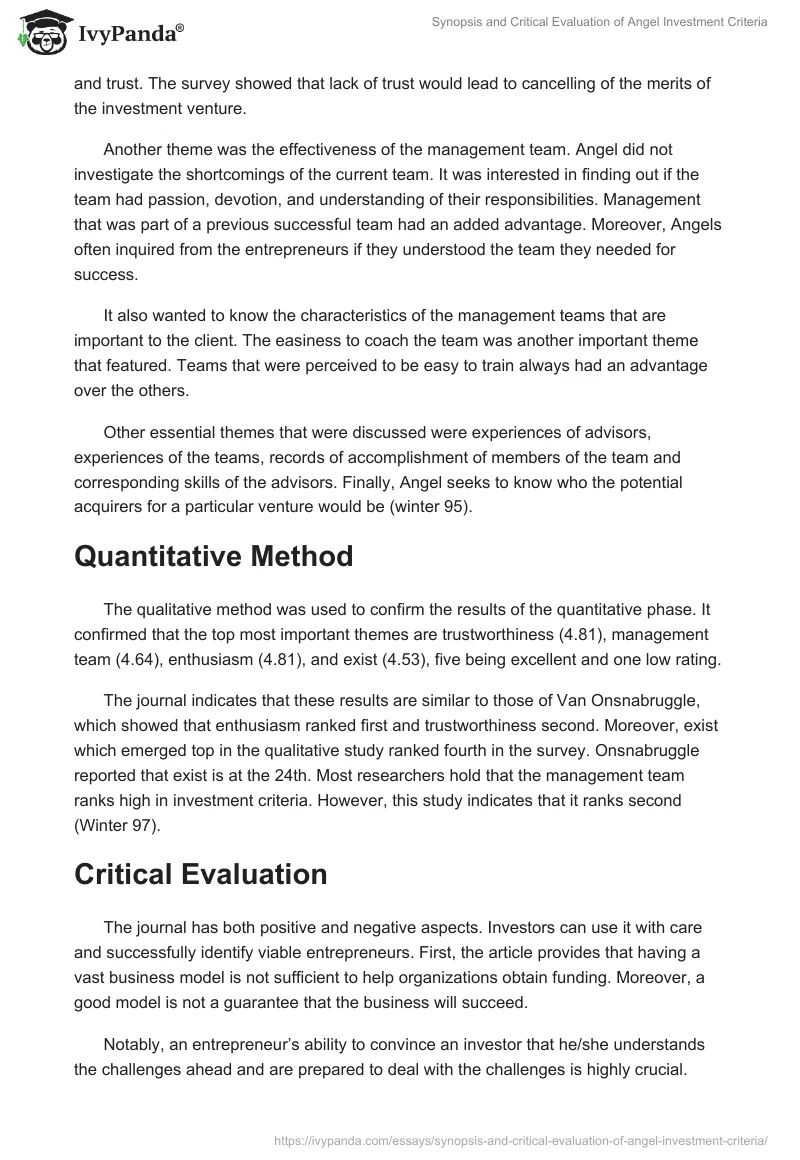 Synopsis and Critical Evaluation of Angel Investment Criteria. Page 2