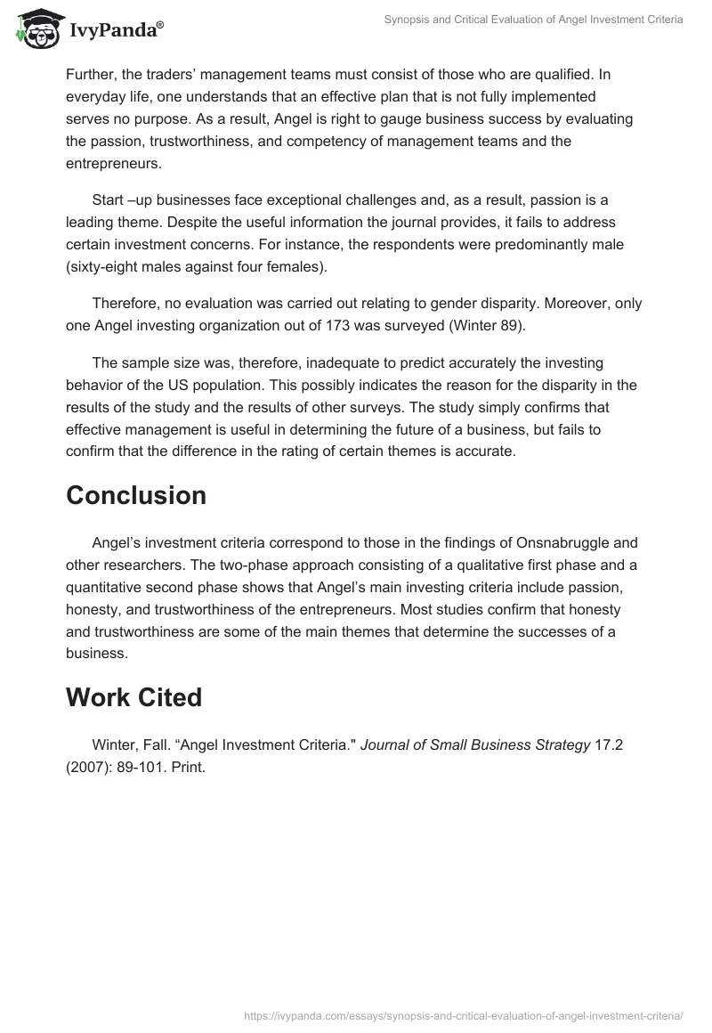 Synopsis and Critical Evaluation of Angel Investment Criteria. Page 3