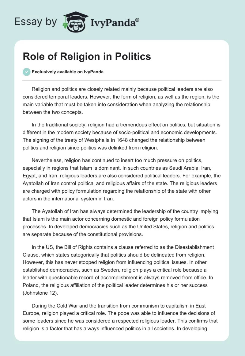 Role of Religion in Politics. Page 1