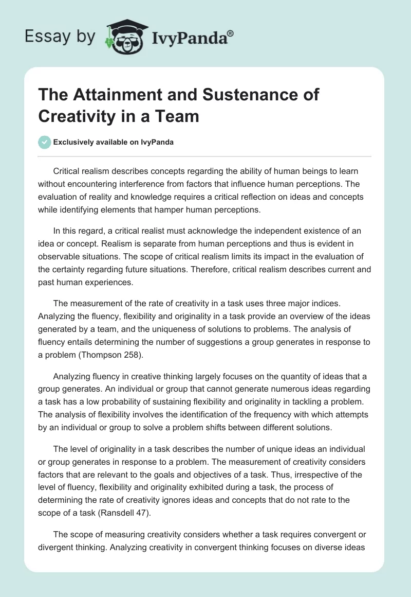 The Attainment and Sustenance of Creativity in a Team. Page 1
