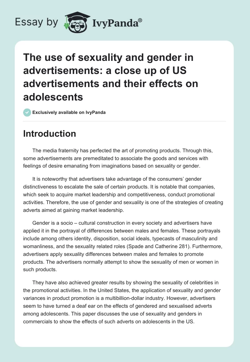 The use of sexuality and gender in advertisements: a close up of US advertisements and their effects on adolescents. Page 1