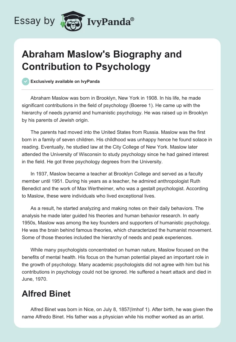 Abraham Maslow's Biography and Contribution to Psychology. Page 1