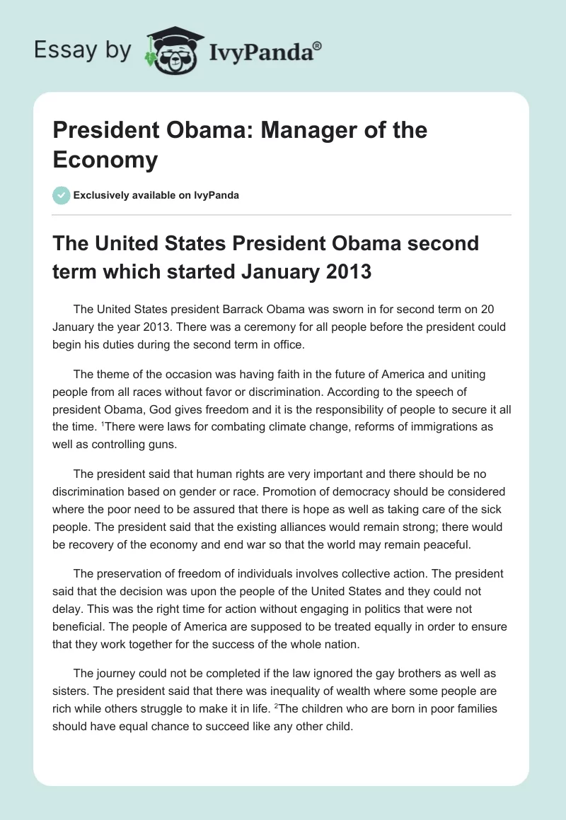 President Obama: Manager of the Economy. Page 1