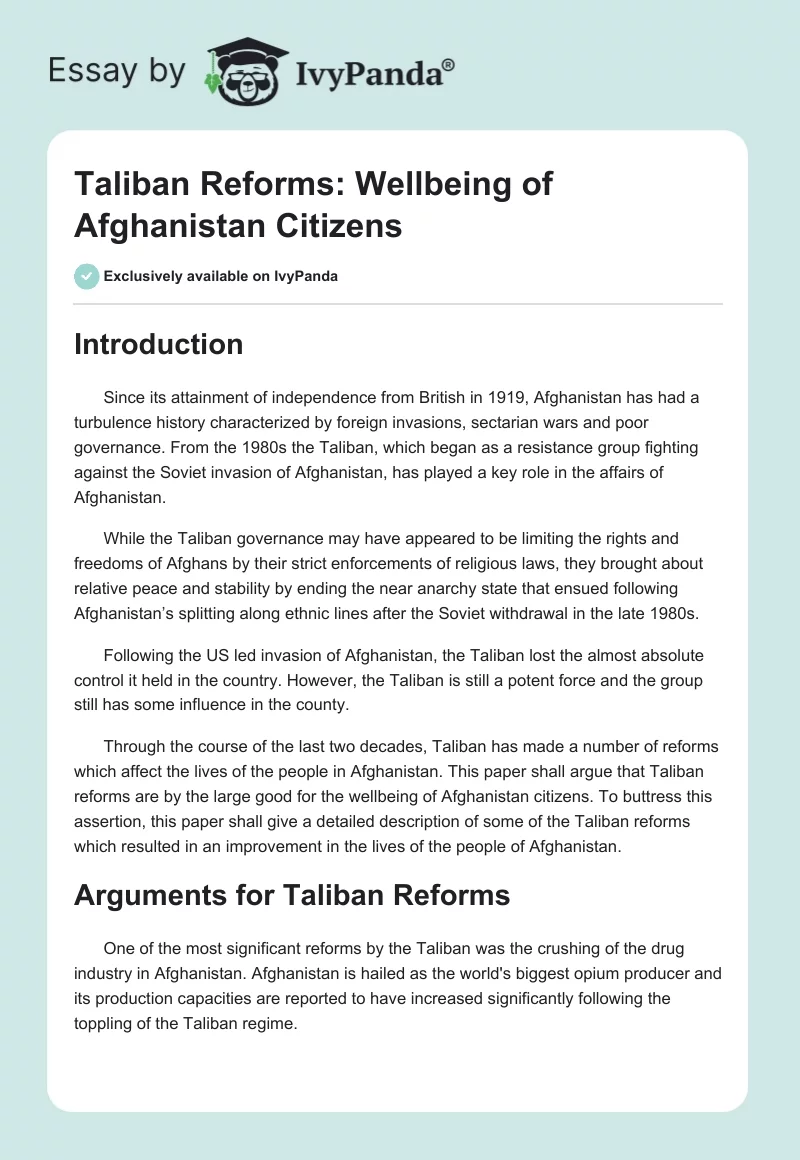 Taliban Reforms: Wellbeing of Afghanistan Citizens. Page 1
