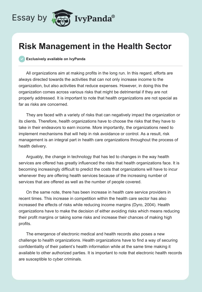 Risk Management in the Health Sector. Page 1