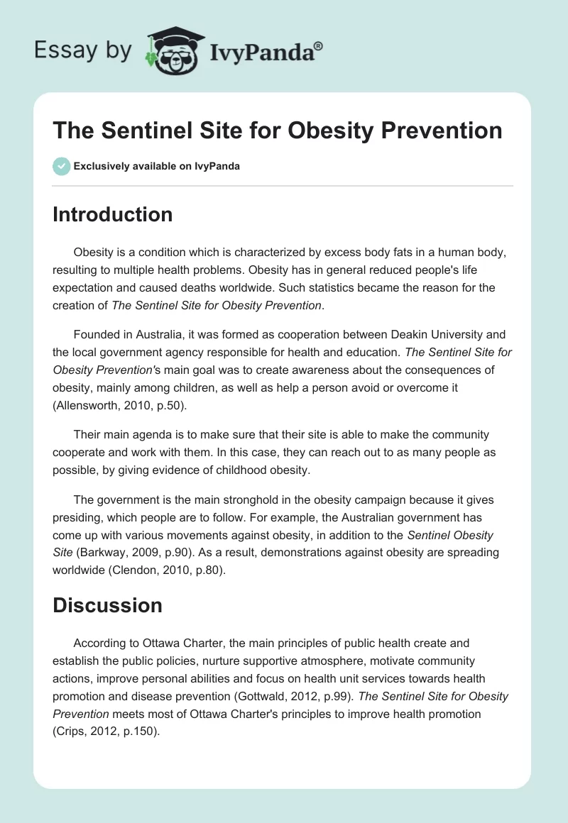 The Sentinel Site for Obesity Prevention. Page 1