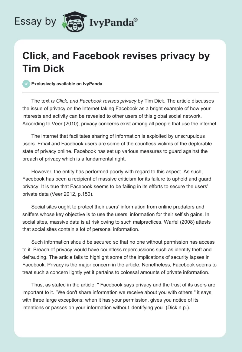 Click, and Facebook revises privacy by Tim Dick. Page 1
