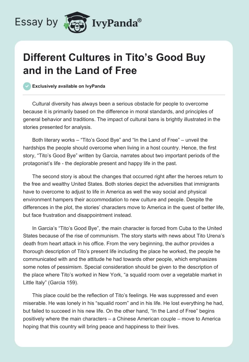 Different Cultures in Tito’s Good Buy and in the Land of Free. Page 1