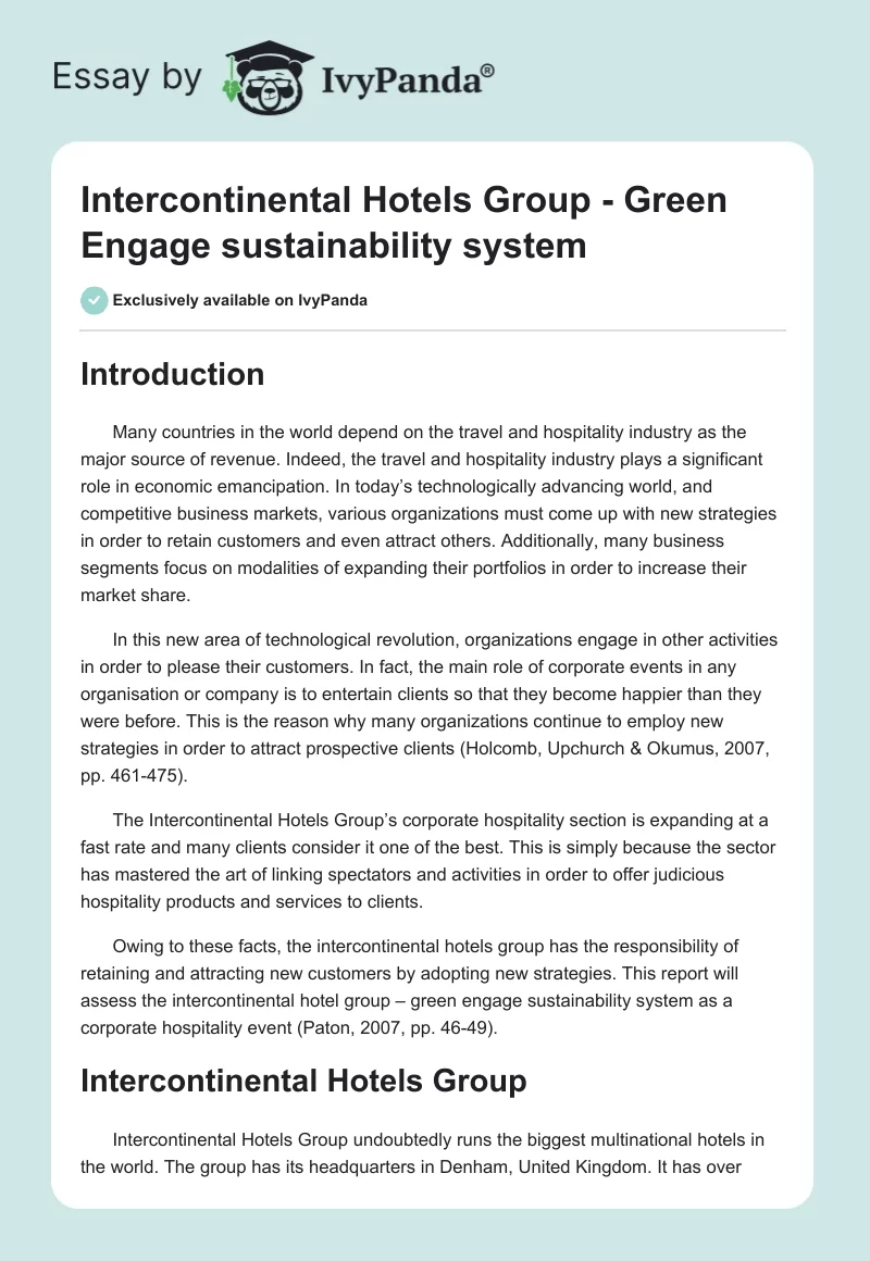 Intercontinental Hotels Group - Green Engage sustainability system. Page 1