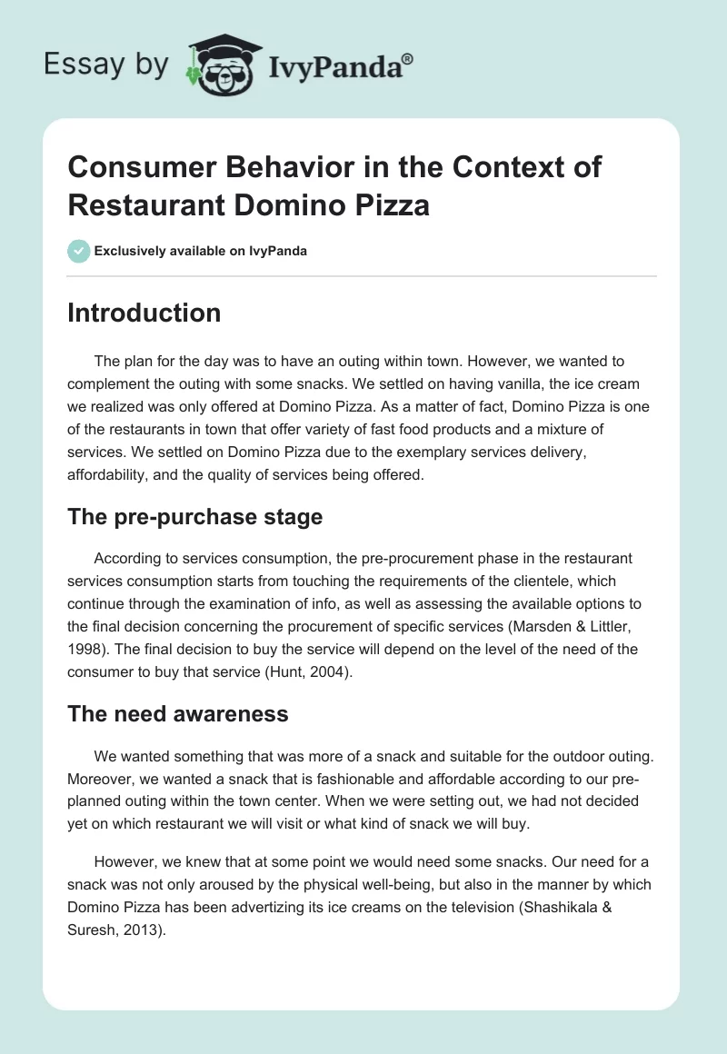 Consumer Behavior in the Context of Restaurant Domino Pizza. Page 1