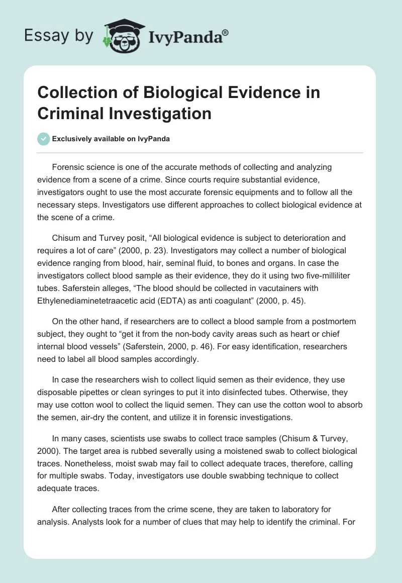 Collection of Biological Evidence in Criminal Investigation. Page 1