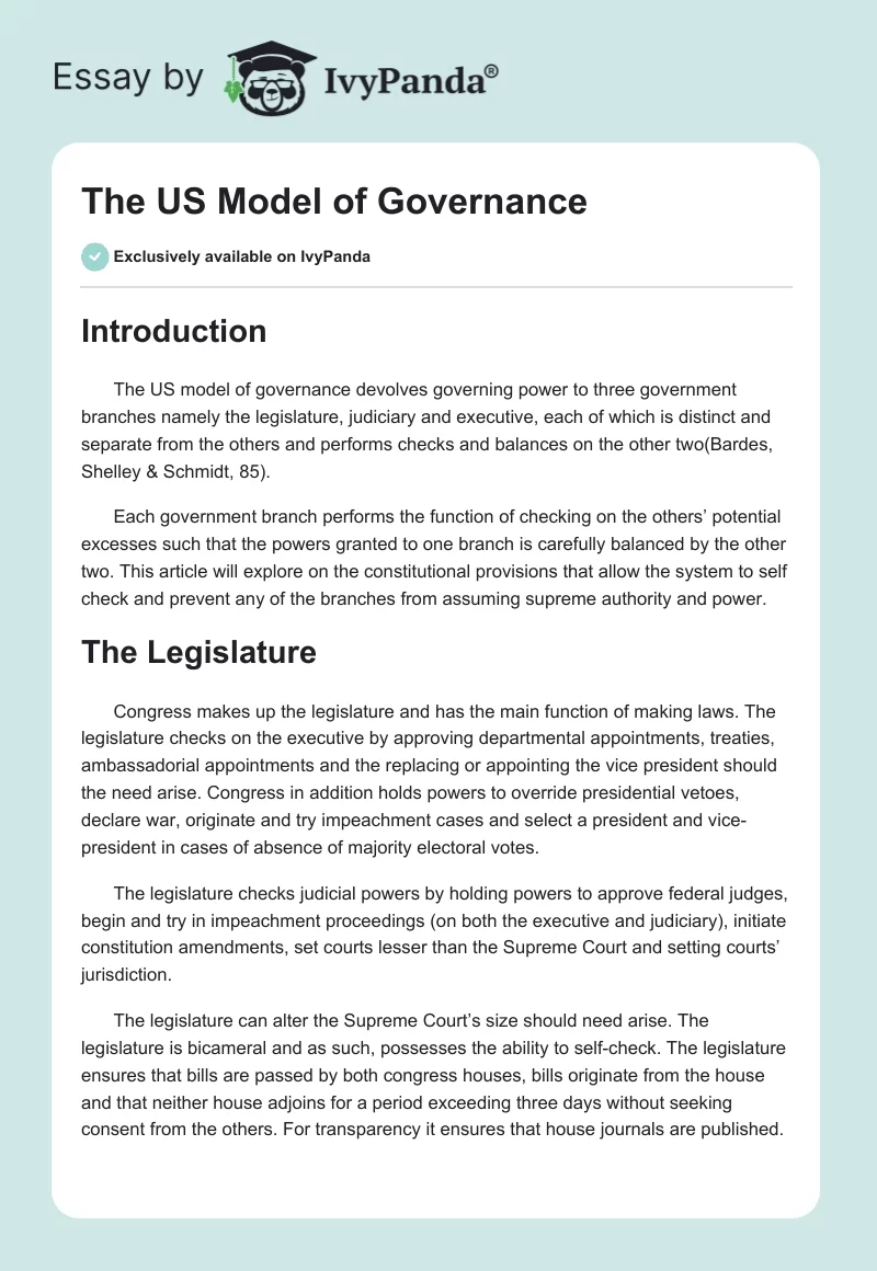 The US Model of Governance . Page 1