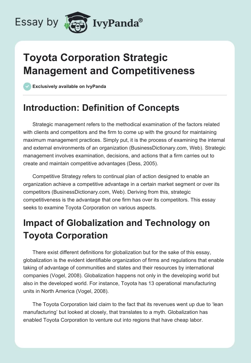 Toyota Corporation Strategic Management and Competitiveness. Page 1