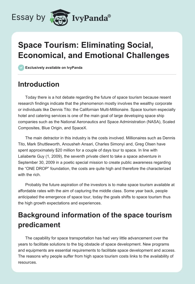 Space Tourism: Eliminating Social, Economical, and Emotional Challenges. Page 1