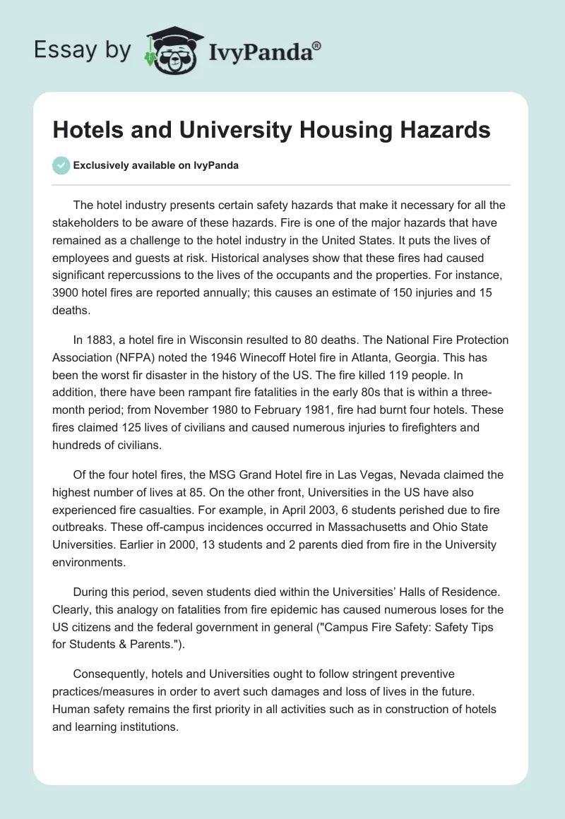 Hotels and University Housing Hazards. Page 1
