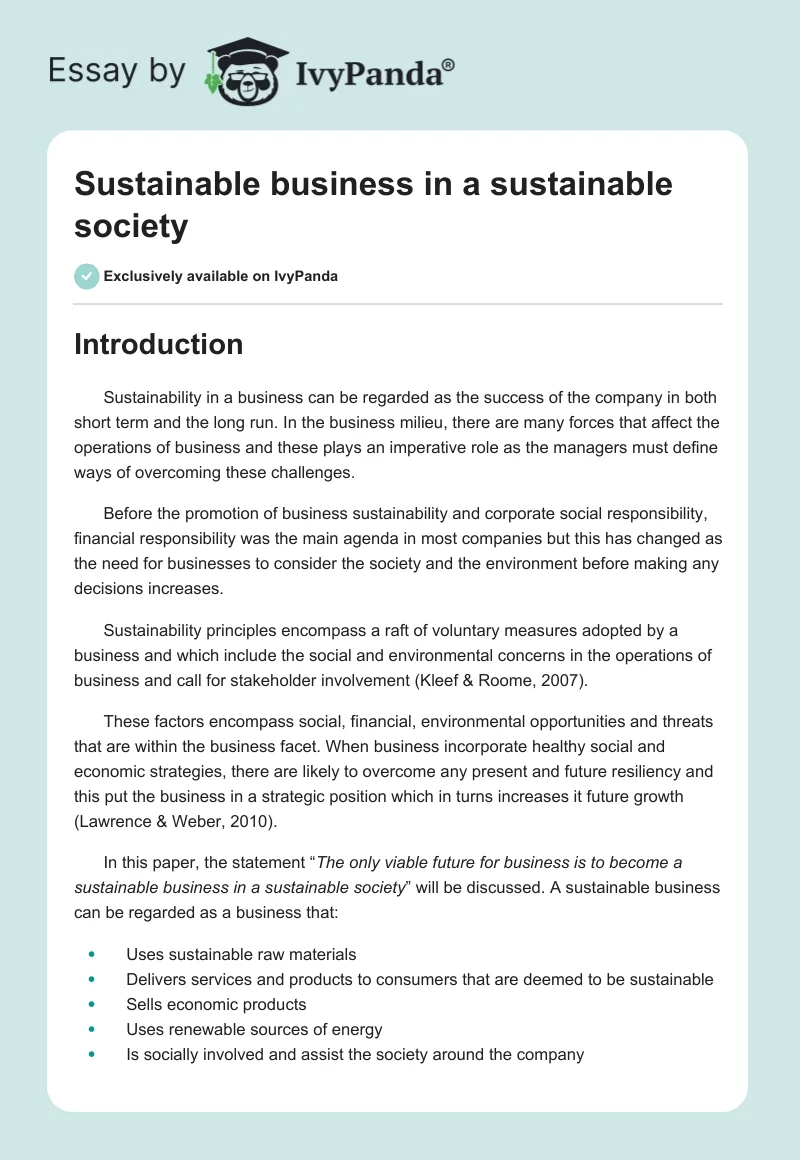 Sustainable business in a sustainable society. Page 1