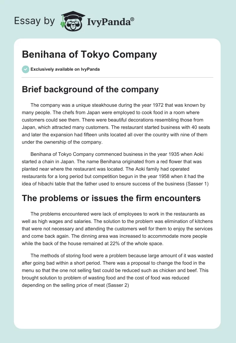 Benihana of Tokyo Company. Page 1