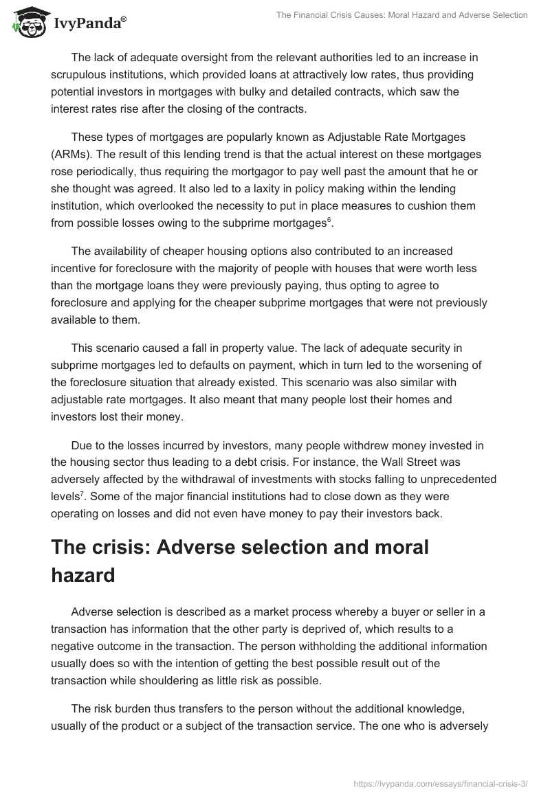 The Financial Crisis Causes: Moral Hazard and Adverse Selection. Page 3