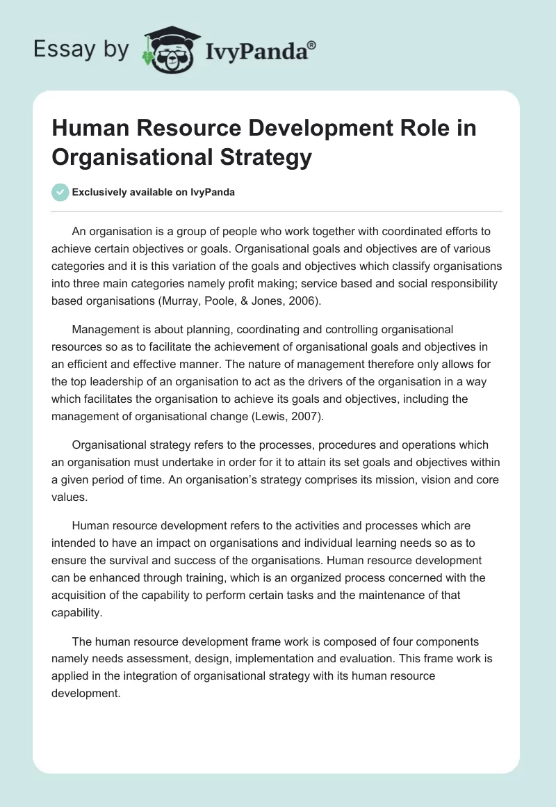 Human Resource Development Role in Organisational Strategy. Page 1