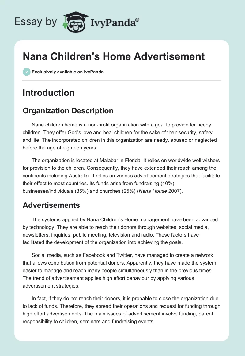 Nana Children's Home Advertisement. Page 1