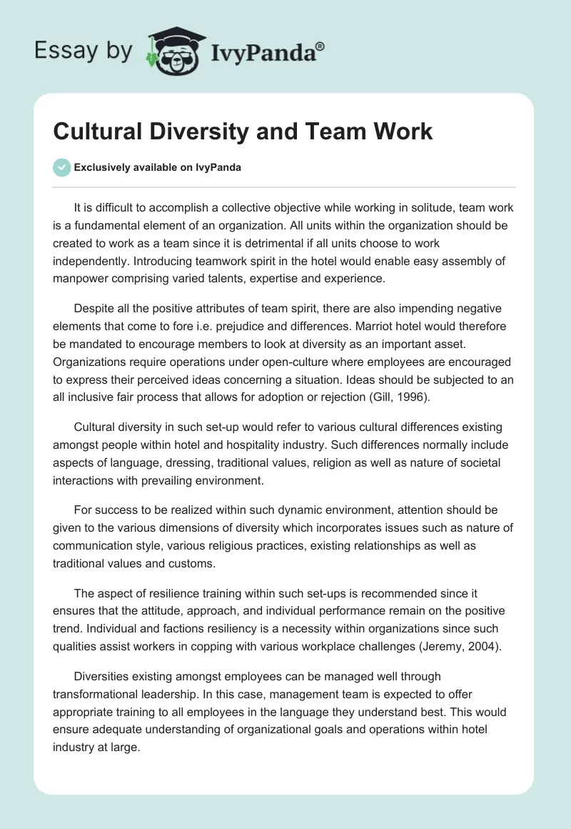 Cultural Diversity and Team Work. Page 1