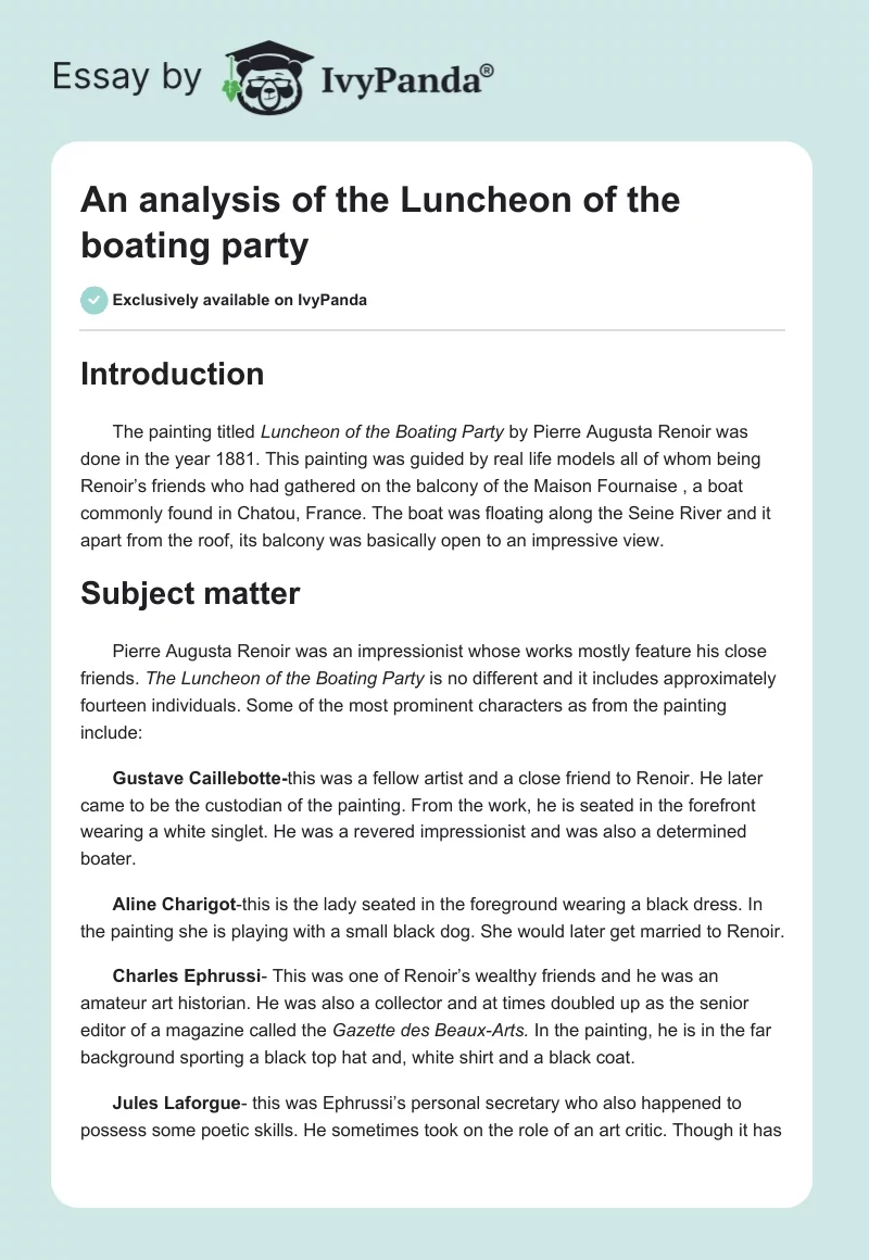 An analysis of the Luncheon of the boating party. Page 1