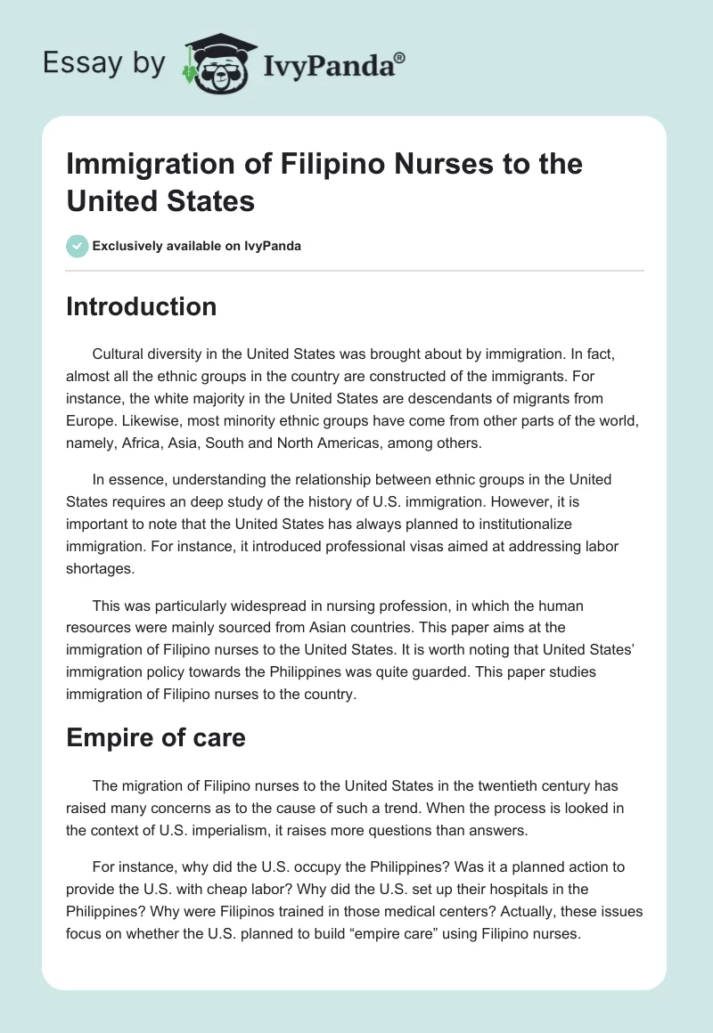 Immigration of Filipino Nurses to the United States. Page 1