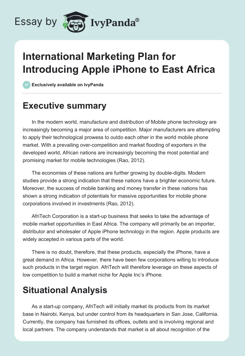 International Marketing Plan for Introducing Apple iPhone to East Africa. Page 1