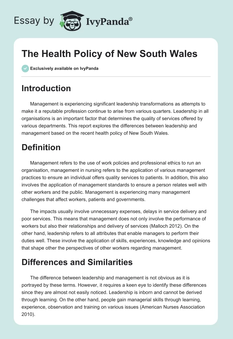 The Health Policy of New South Wales. Page 1