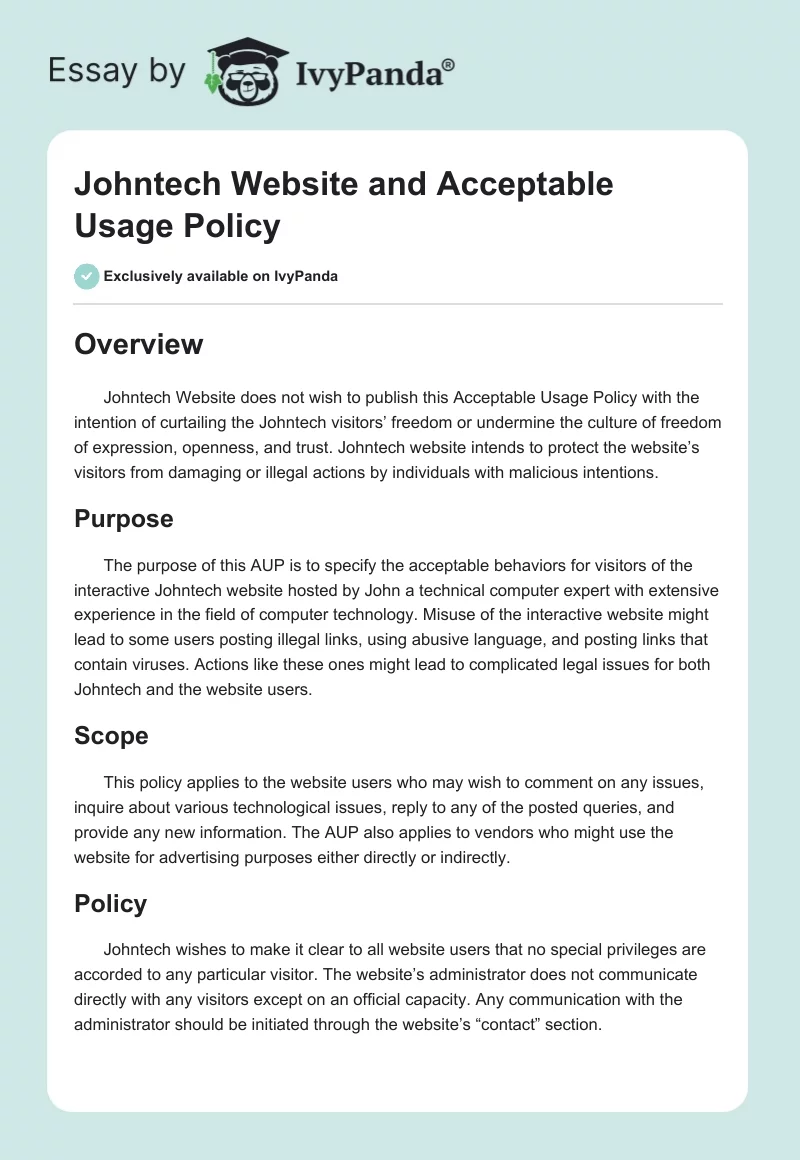 Johntech Website and Acceptable Usage Policy. Page 1