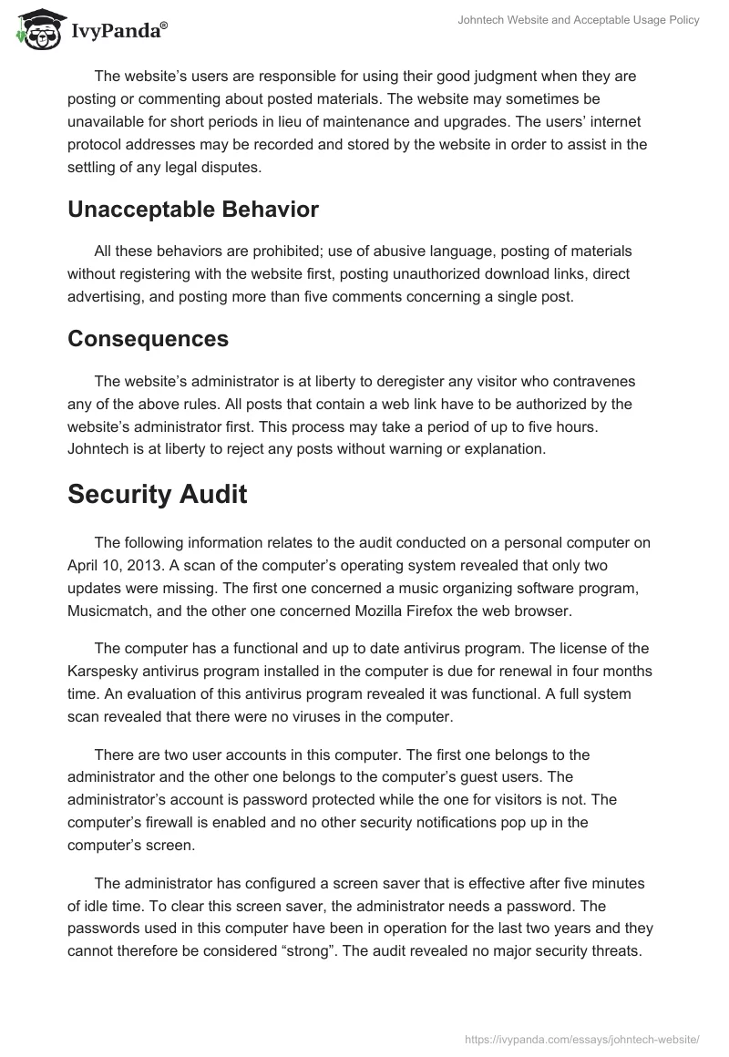 Johntech Website and Acceptable Usage Policy. Page 2