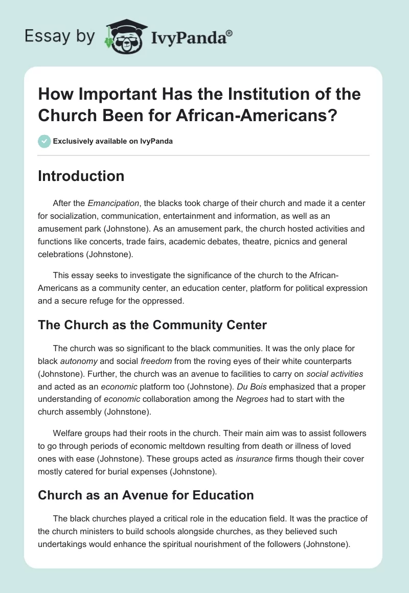 How Important Has the Institution of the Church Been for African-Americans?. Page 1